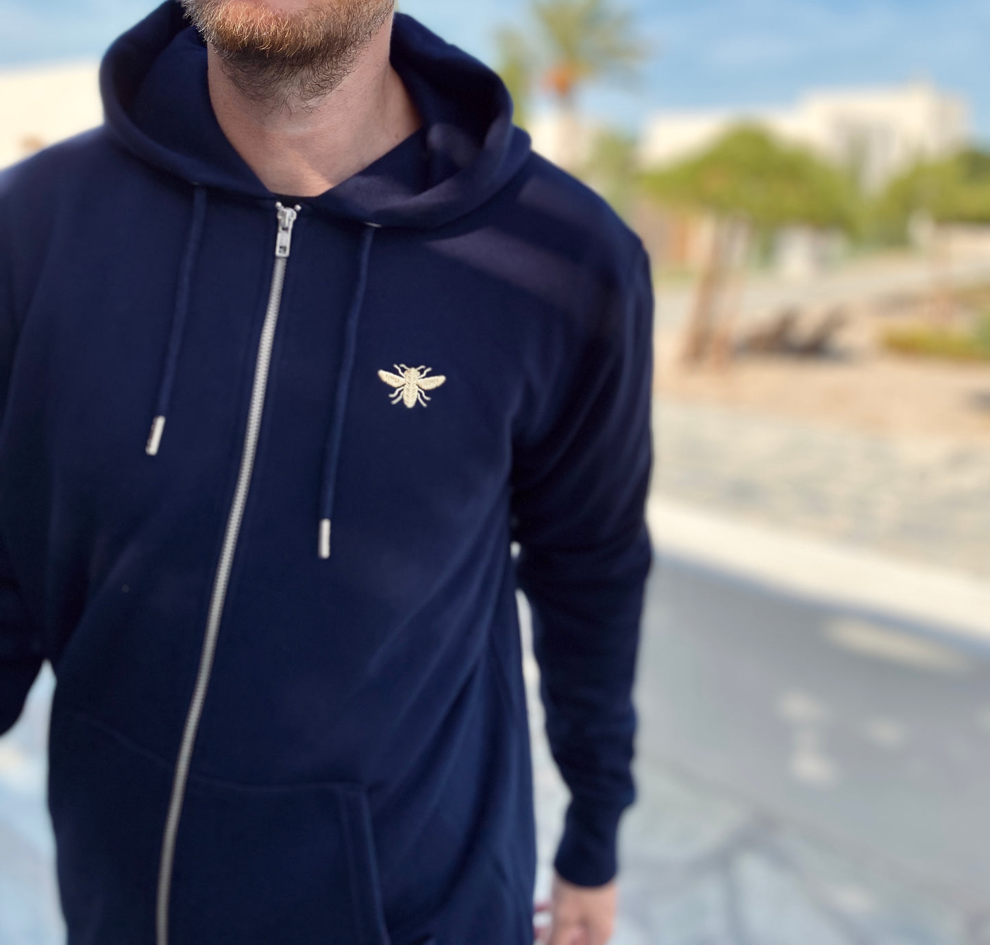 Zipper Bio Baumwolle blau Stick biene Gold