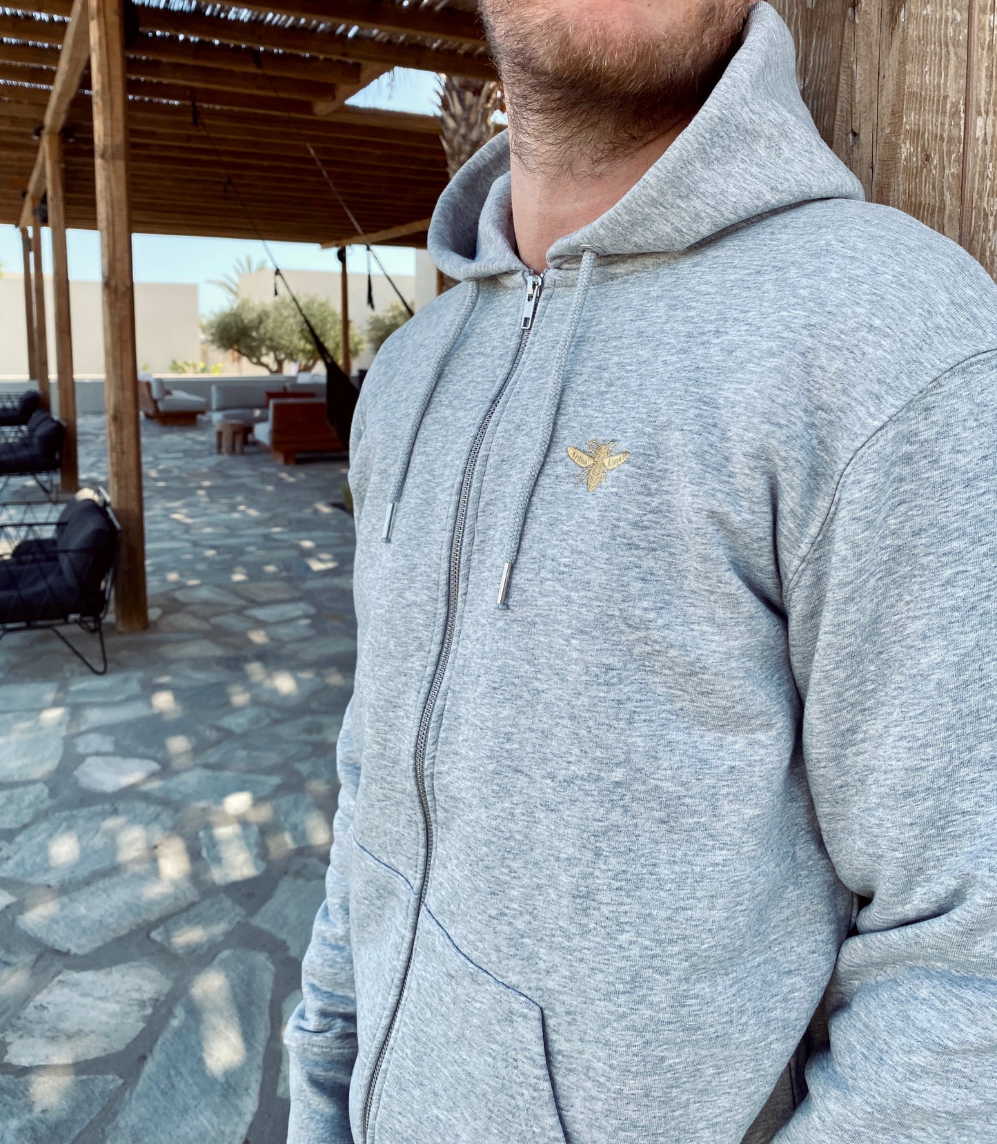Zipper Bio Baumwolle grau Stick biene Gold